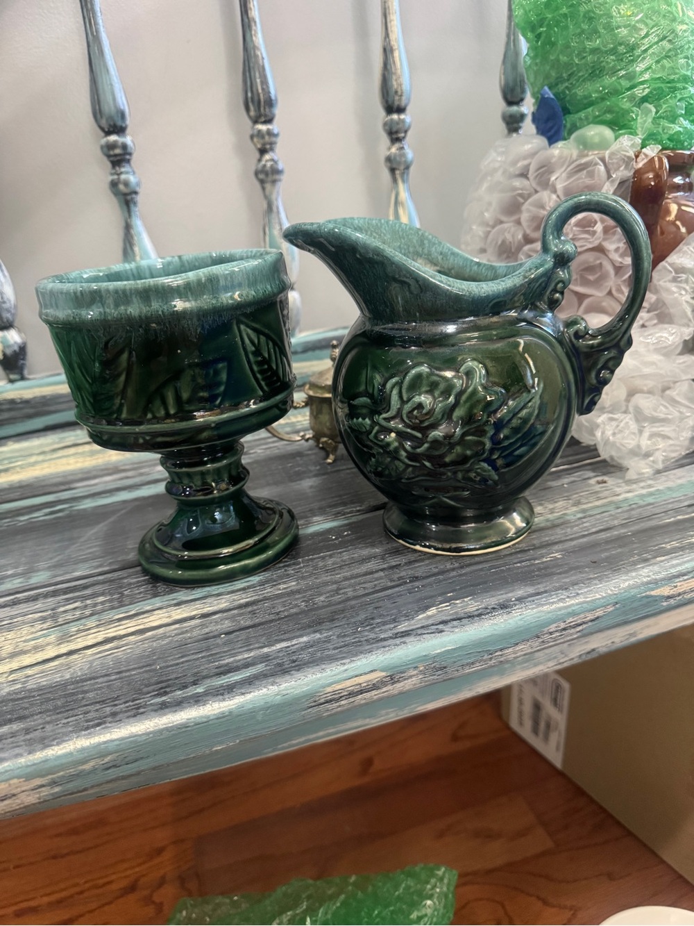 Green Ceramic Pitcher and Compote Set - Decorative Floral Design- Hull